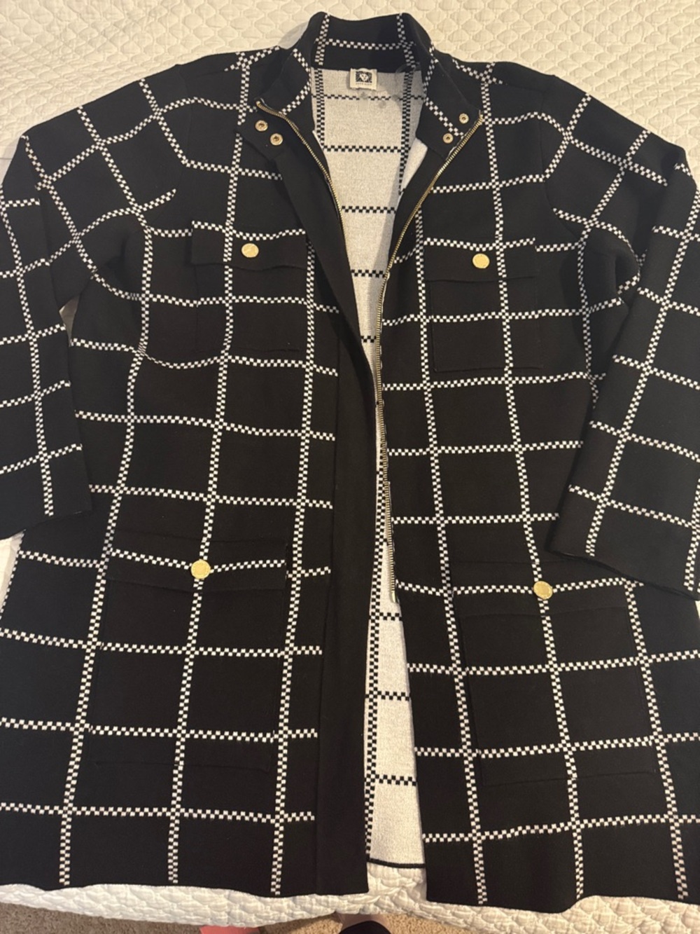 Anne Klein Black Windowpane Long Coat with Gold Buttons